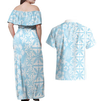 Pastel Blue Kahili Quilt Hawaii Couples Matching Off Shoulder Maxi Dress and Hawaiian Shirt Tropical Flower Seamless Half Style LT14 - Polynesian Pride