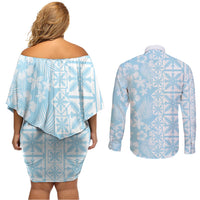 Pastel Blue Kahili Quilt Hawaii Couples Matching Off Shoulder Short Dress and Long Sleeve Button Shirt Tropical Flower Seamless Half Style LT14 - Polynesian Pride