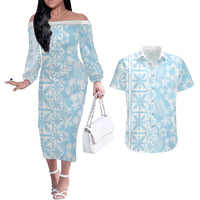 Pastel Blue Kahili Quilt Hawaii Couples Matching Off The Shoulder Long Sleeve Dress and Hawaiian Shirt Tropical Flower Seamless Half Style LT14 Blue - Polynesian Pride