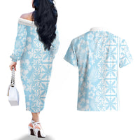 Pastel Blue Kahili Quilt Hawaii Couples Matching Off The Shoulder Long Sleeve Dress and Hawaiian Shirt Tropical Flower Seamless Half Style LT14 - Polynesian Pride