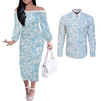 Pastel Blue Kahili Quilt Hawaii Couples Matching Off The Shoulder Long Sleeve Dress and Long Sleeve Button Shirt Tropical Flower Seamless Half Style
