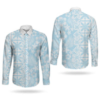 Pastel Blue Kahili Quilt Hawaii Couples Matching Off The Shoulder Long Sleeve Dress and Long Sleeve Button Shirt Tropical Flower Seamless Half Style LT14 - Polynesian Pride