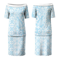 Pastel Blue Kahili Quilt Hawaii Couples Matching Puletasi and Hawaiian Shirt Tropical Flower Seamless Half Style LT14 - Polynesian Pride