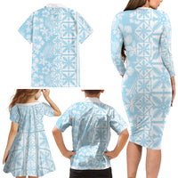 Pastel Blue Kahili Quilt Hawaii Family Matching Long Sleeve Bodycon Dress and Hawaiian Shirt Tropical Flower Seamless Half Style LT14 - Polynesian Pride