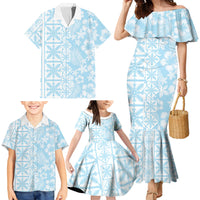 Pastel Blue Kahili Quilt Hawaii Family Matching Mermaid Dress and Hawaiian Shirt Tropical Flower Seamless Half Style LT14 - Polynesian Pride