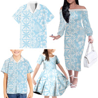 Pastel Blue Kahili Quilt Hawaii Family Matching Off The Shoulder Long Sleeve Dress and Hawaiian Shirt Tropical Flower Seamless Half Style LT14 - Polynesian Pride