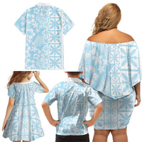 Pastel Blue Kahili Quilt Hawaii Family Matching Off Shoulder Short Dress and Hawaiian Shirt Tropical Flower Seamless Half Style LT14 Mom's Dress Blue - Polynesian Pride