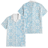 Pastel Blue Kahili Quilt Hawaii Family Matching Off Shoulder Short Dress and Hawaiian Shirt Tropical Flower Seamless Half Style LT14 Dad's Shirt - Short Sleeve Blue - Polynesian Pride