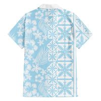 Pastel Blue Kahili Quilt Hawaii Family Matching Off Shoulder Short Dress and Hawaiian Shirt Tropical Flower Seamless Half Style LT14 Dad's Shirt - Long Sleeve Blue - Polynesian Pride