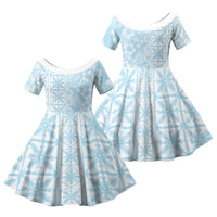 Pastel Blue Kahili Quilt Hawaii Family Matching Off Shoulder Short Dress and Hawaiian Shirt Tropical Flower Seamless Half Style LT14 Daughter's Dress Blue - Polynesian Pride