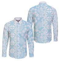 Pastel Blue Kahili Quilt Hawaii Family Matching Short Sleeve Bodycon Dress and Hawaiian Shirt Tropical Flower Seamless Half Style LT14 Dad's Shirt - Long Sleeve Blue - Polynesian Pride