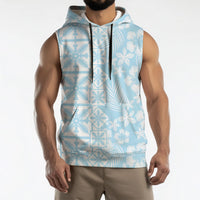 Pastel Blue Kahili Quilt Hawaii Sleeveless Hoodie Tropical Flower Seamless Half Style