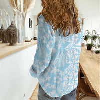 Pastel Blue Kahili Quilt Hawaii Women Casual Shirt Tropical Flower Seamless Half Style
