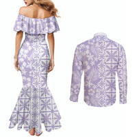 Pastel Purple Kahili Quilt Hawaii Couples Matching Mermaid Dress and Long Sleeve Button Shirt Tropical Flower Seamless Half Style LT14 - Polynesian Pride