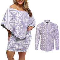 Pastel Purple Kahili Quilt Hawaii Couples Matching Off Shoulder Short Dress and Long Sleeve Button Shirt Tropical Flower Seamless Half Style LT14 Purple - Polynesian Pride