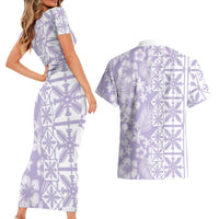 Pastel Purple Kahili Quilt Hawaii Couples Matching Short Sleeve Bodycon Dress and Hawaiian Shirt Tropical Flower Seamless Half Style LT14 - Polynesian Pride