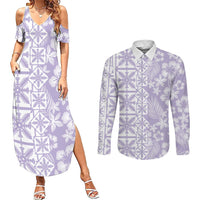 Pastel Purple Kahili Quilt Hawaii Couples Matching Summer Maxi Dress and Long Sleeve Button Shirt Tropical Flower Seamless Half Style LT14 Purple - Polynesian Pride