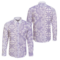 Pastel Purple Kahili Quilt Hawaii Family Matching Off Shoulder Short Dress and Hawaiian Shirt Tropical Flower Seamless Half Style LT14 Dad's Shirt - Long Sleeve Purple - Polynesian Pride