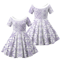 Pastel Purple Kahili Quilt Hawaii Family Matching Off Shoulder Short Dress and Hawaiian Shirt Tropical Flower Seamless Half Style LT14 Daughter's Dress Purple - Polynesian Pride