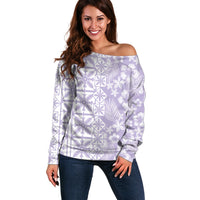 Pastel Purple Kahili Quilt Hawaii Off Shoulder Sweater Tropical Flower Seamless Half Style