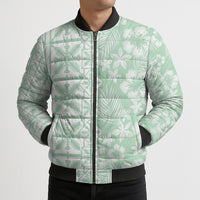 Pastel Green Kahili Quilt Hawaii Bomber Puffer Jacket Tropical Flower Seamless Half Style