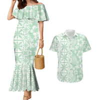 Pastel Green Kahili Quilt Hawaii Couples Matching Mermaid Dress and Hawaiian Shirt Tropical Flower Seamless Half Style