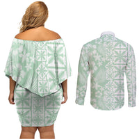 Pastel Green Kahili Quilt Hawaii Couples Matching Off Shoulder Short Dress and Long Sleeve Button Shirt Tropical Flower Seamless Half Style LT14 - Polynesian Pride