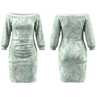 Pastel Green Kahili Quilt Hawaii Couples Matching Off The Shoulder Long Sleeve Dress and Hawaiian Shirt Tropical Flower Seamless Half Style LT14 - Polynesian Pride