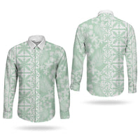 Pastel Green Kahili Quilt Hawaii Couples Matching Off The Shoulder Long Sleeve Dress and Long Sleeve Button Shirt Tropical Flower Seamless Half Style LT14 - Polynesian Pride