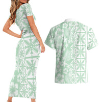 Pastel Green Kahili Quilt Hawaii Couples Matching Short Sleeve Bodycon Dress and Hawaiian Shirt Tropical Flower Seamless Half Style LT14 - Polynesian Pride