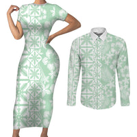 Pastel Green Kahili Quilt Hawaii Couples Matching Short Sleeve Bodycon Dress and Long Sleeve Button Shirt Tropical Flower Seamless Half Style