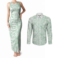 Pastel Green Kahili Quilt Hawaii Couples Matching Tank Maxi Dress and Long Sleeve Button Shirt Tropical Flower Seamless Half Style LT14 Green - Polynesian Pride