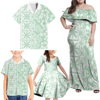 Pastel Green Kahili Quilt Hawaii Family Matching Off Shoulder Maxi Dress and Hawaiian Shirt Tropical Flower Seamless Half Style LT14 - Polynesian Pride