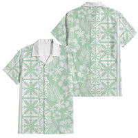 Pastel Green Kahili Quilt Hawaii Family Matching Off Shoulder Short Dress and Hawaiian Shirt Tropical Flower Seamless Half Style LT14 Dad's Shirt - Short Sleeve Green - Polynesian Pride