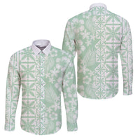 Pastel Green Kahili Quilt Hawaii Family Matching Off Shoulder Short Dress and Hawaiian Shirt Tropical Flower Seamless Half Style LT14 Dad's Shirt - Long Sleeve Green - Polynesian Pride