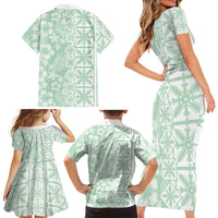 Pastel Green Kahili Quilt Hawaii Family Matching Short Sleeve Bodycon Dress and Hawaiian Shirt Tropical Flower Seamless Half Style LT14 - Polynesian Pride