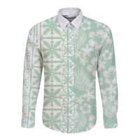 Pastel Green Kahili Quilt Hawaii Long Sleeve Button Shirt Tropical Flower Seamless Half Style LT14 Unisex Green - Polynesian Pride