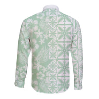 Pastel Green Kahili Quilt Hawaii Long Sleeve Button Shirt Tropical Flower Seamless Half Style LT14 - Polynesian Pride