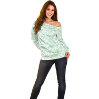 Pastel Green Kahili Quilt Hawaii Off Shoulder Sweater Tropical Flower Seamless Half Style