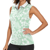 Pastel Green Kahili Quilt Hawaii Women Sleeveless Polo Shirt Tropical Flower Seamless Half Style
