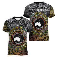 Personalised Australia And Vanuatu Women V-Neck T-Shirt Aboriginal Lizard Polynesia Ni-Van Pig Tusk