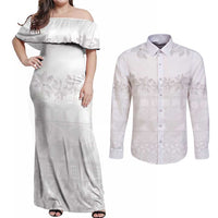 Tokelau White Sunday Couples Matching Off Shoulder Maxi Dress and Long Sleeve Button Shirt Polynesian Pattern Gardenia Thunbergia