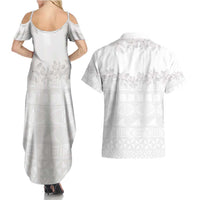 Tokelau White Sunday Couples Matching Summer Maxi Dress and Hawaiian Shirt Polynesian Pattern Gardenia Thunbergia