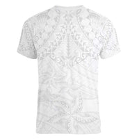 American Samoa White Sunday Women V-Neck T-Shirt Lotu Tamaiti Plumeria With Samoan Pattern