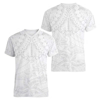 American Samoa White Sunday Women V-Neck T-Shirt Lotu Tamaiti Plumeria With Samoan Pattern