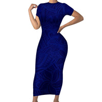 Blue Polynesia Short Sleeve Bodycon Dress Polynesian Pattern Mix Plumeria LT14 Long Dress Blue - Polynesian Pride