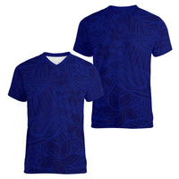 Blue Polynesia Women V-Neck T-Shirt Polynesian Pattern Mix Plumeria