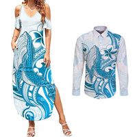 Blue Hawaii Humpback Whale Couples Matching Summer Maxi Dress and Long Sleeve Button Shirt Polynesian Tribal Ocean Vibes