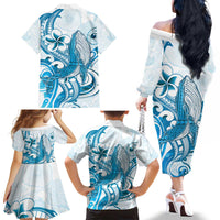 Blue Hawaii Humpback Whale Family Matching Off The Shoulder Long Sleeve Dress and Hawaiian Shirt Polynesian Tribal Ocean Vibes
