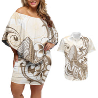 Brown Hawaii Humpback Whale Couples Matching Off Shoulder Short Dress and Hawaiian Shirt Polynesian Tribal Ocean Vibes